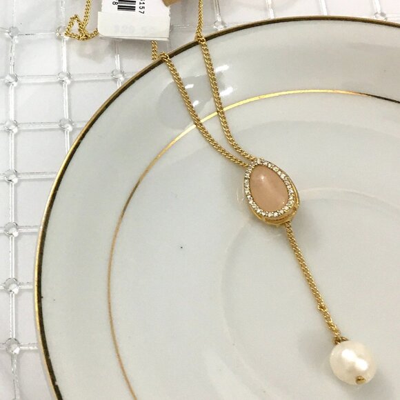 NEW! J. CREW Gold-plated stone and freshwater pearl drop necklace Dark Mauve - Picture 1 of 6